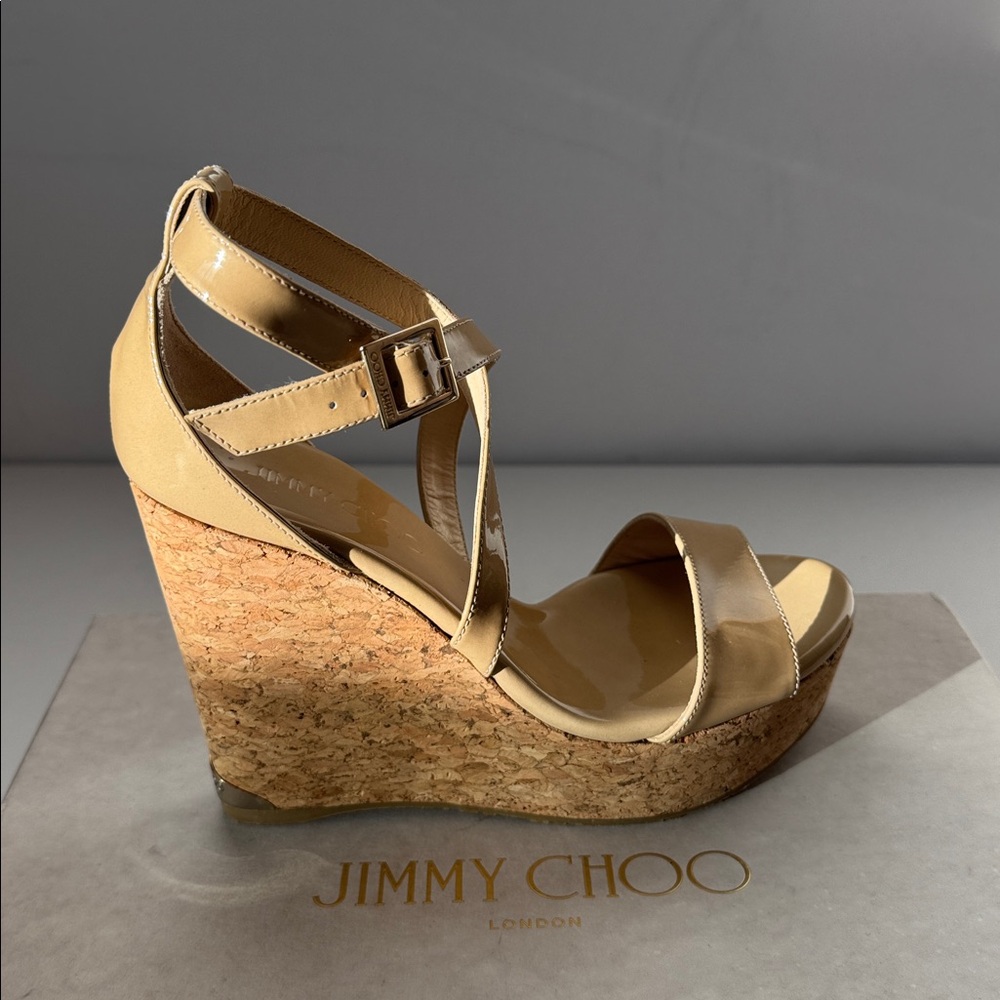 Jimmy Choo Nude Patent Wedge Sandals